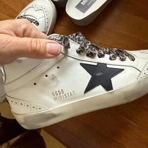 Golden Goose White Sneakers with Black Star and Leopard GG Laces